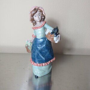 Vintage Nadal Porcelain Girl with Basket of Flowers and Cat/Dog